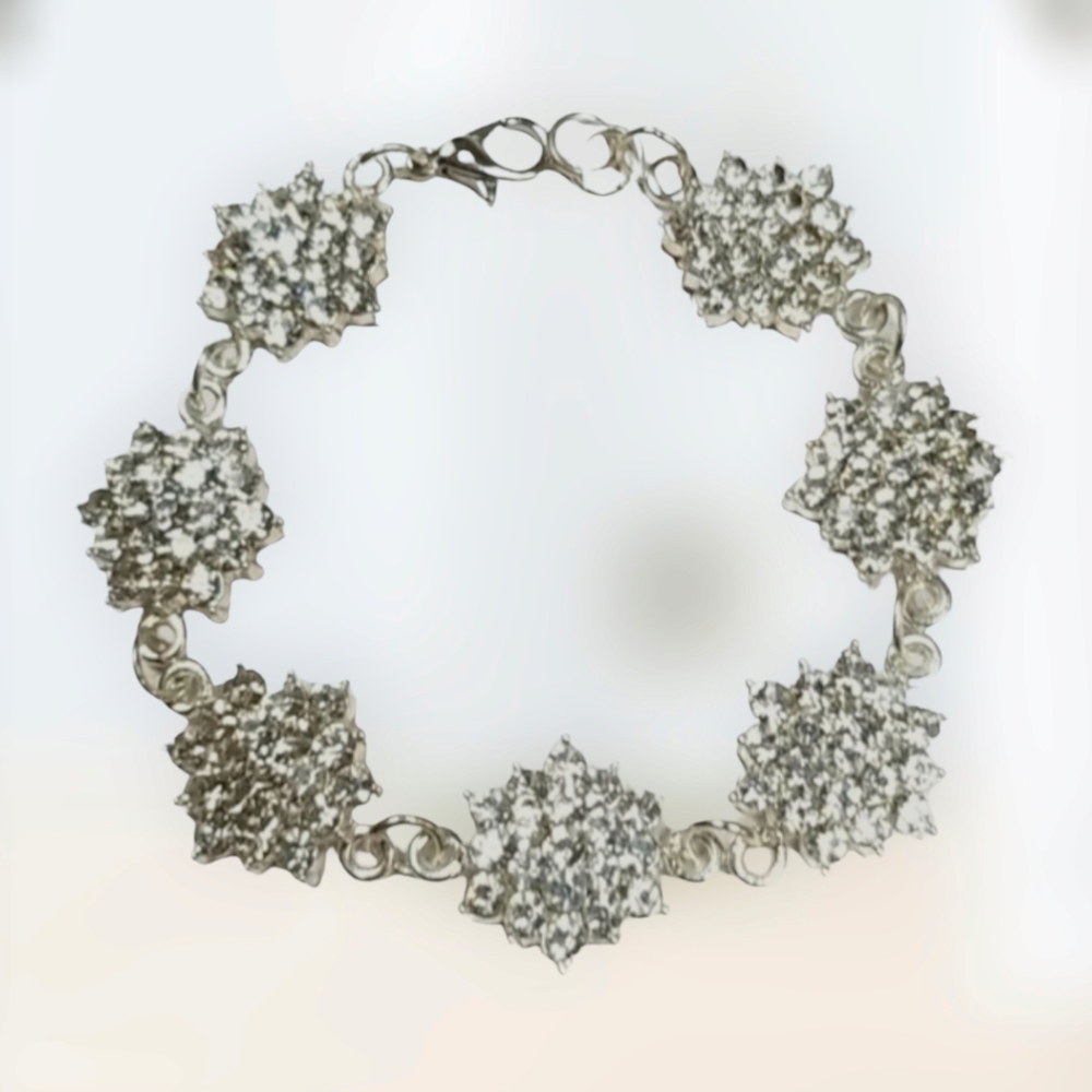 Hand Crafted Rhinestone Silver Tone Flower Design Bracelet